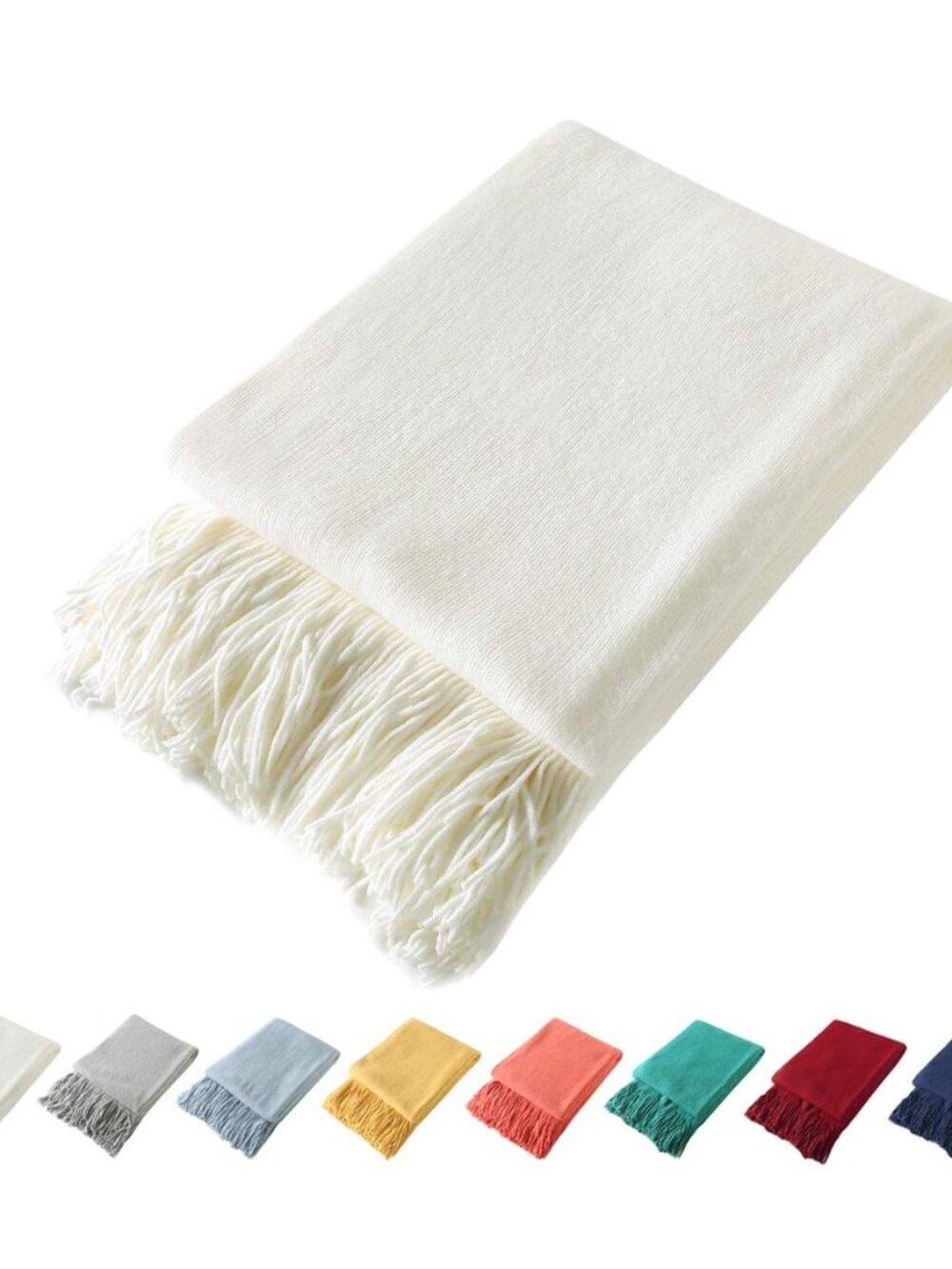 Ivory Knitted Throw Blanket with Fringe, 50x60 Inch